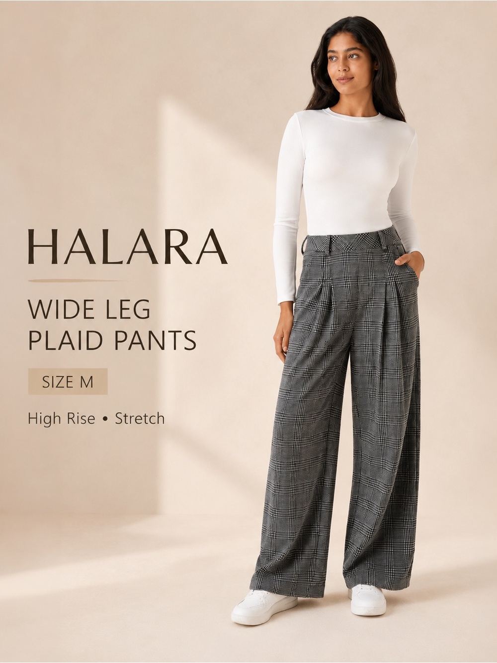 Halara High Rise Wide Leg Plaid Pants Gray Stretch Pull On Size M
